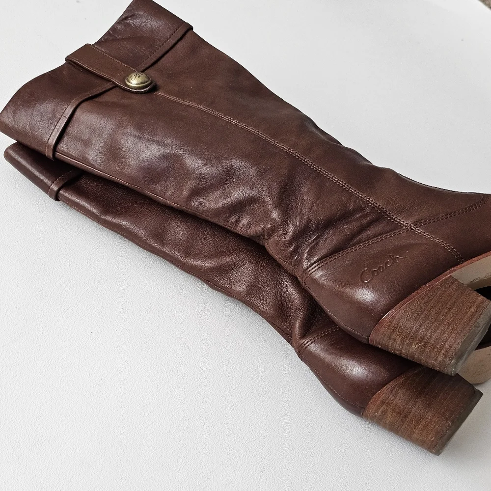 Coach Faith Leather Knee High Boots Brown Stacked Heel Riding Boots 6.5B